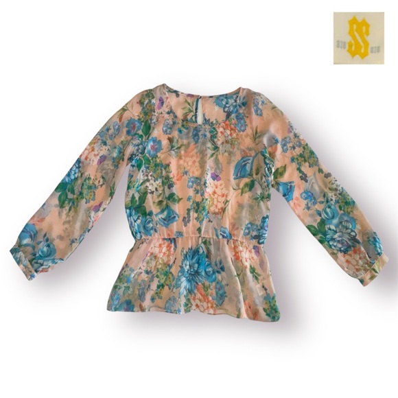 🛍️SALE🛍️ Sis Sis Sheer Long Sleeve Floral Peplum Waist Blouse - Picture 4 of 7